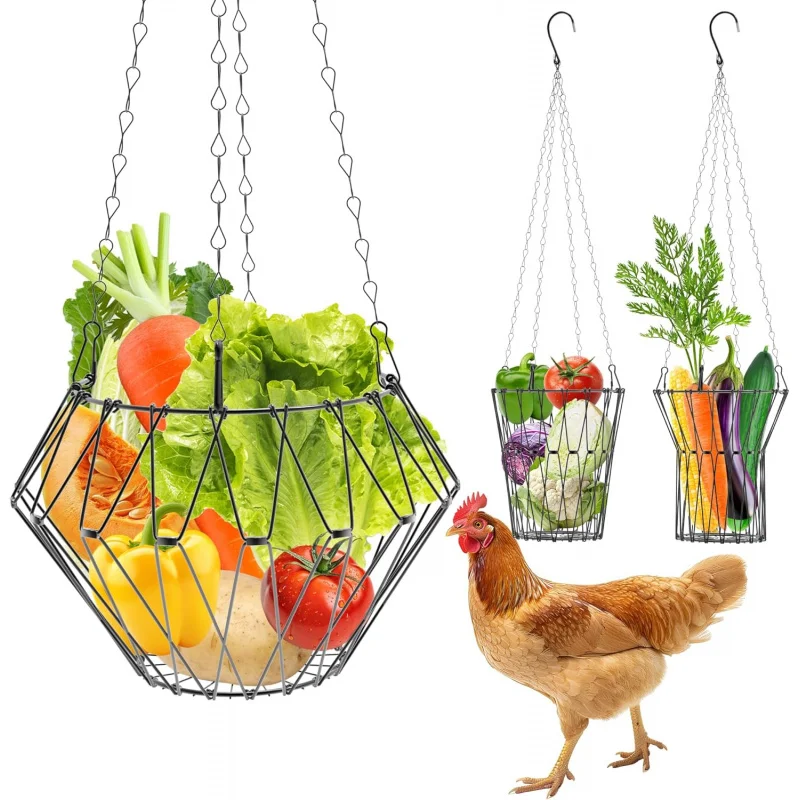 Comedero Plegable Colgante para Pollos, Cesta de Alimentación para Aves de Corral con Cadena, Comedero para Vegetales y Frutas para Premios Vegetarianos