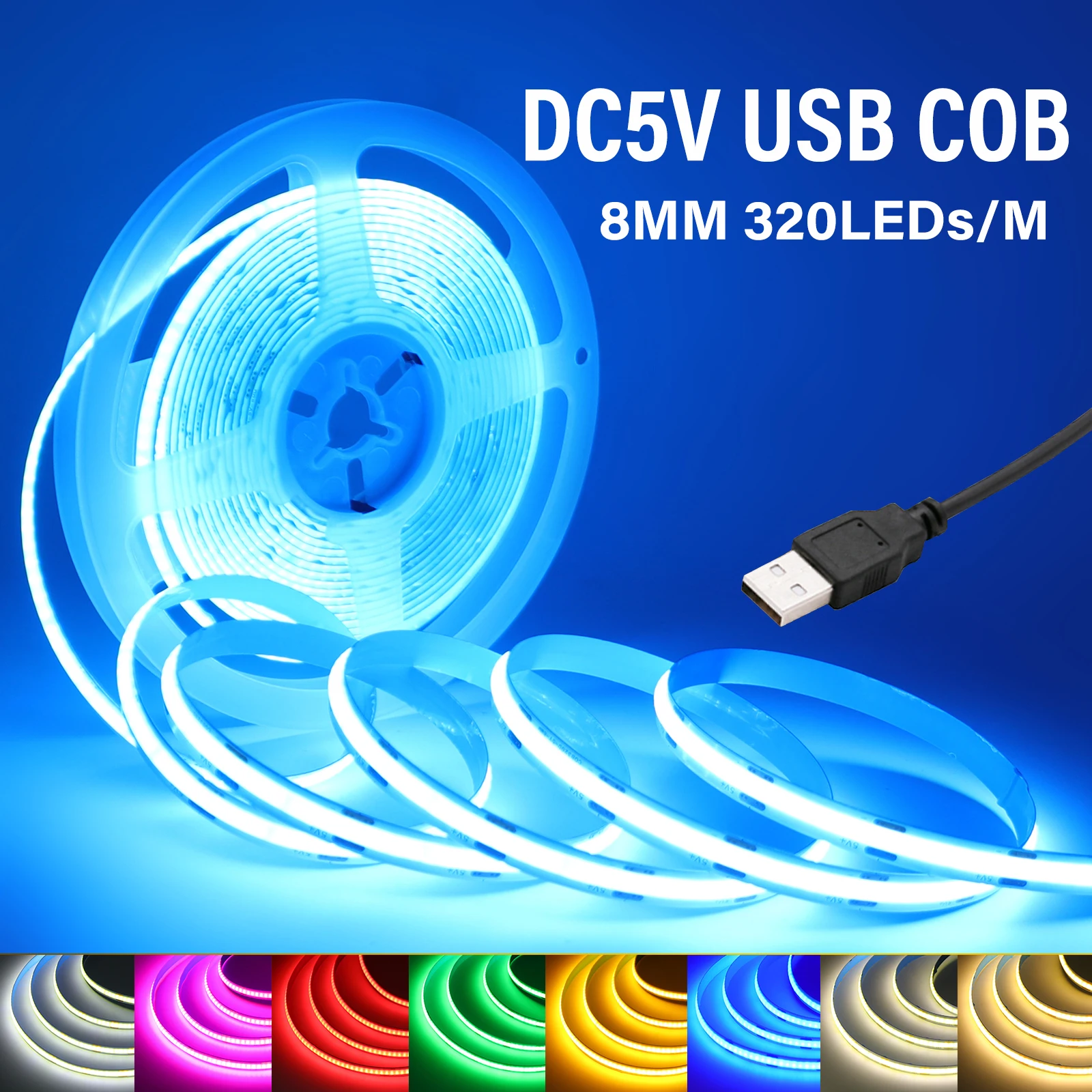 

Ultra Bright USB COB LED Strip Lights DC5V 320LEDs/m 8MM PCB Width Ribbon White/Red/Green/Blue/Pink Bedroom Kitchen TV Backlight