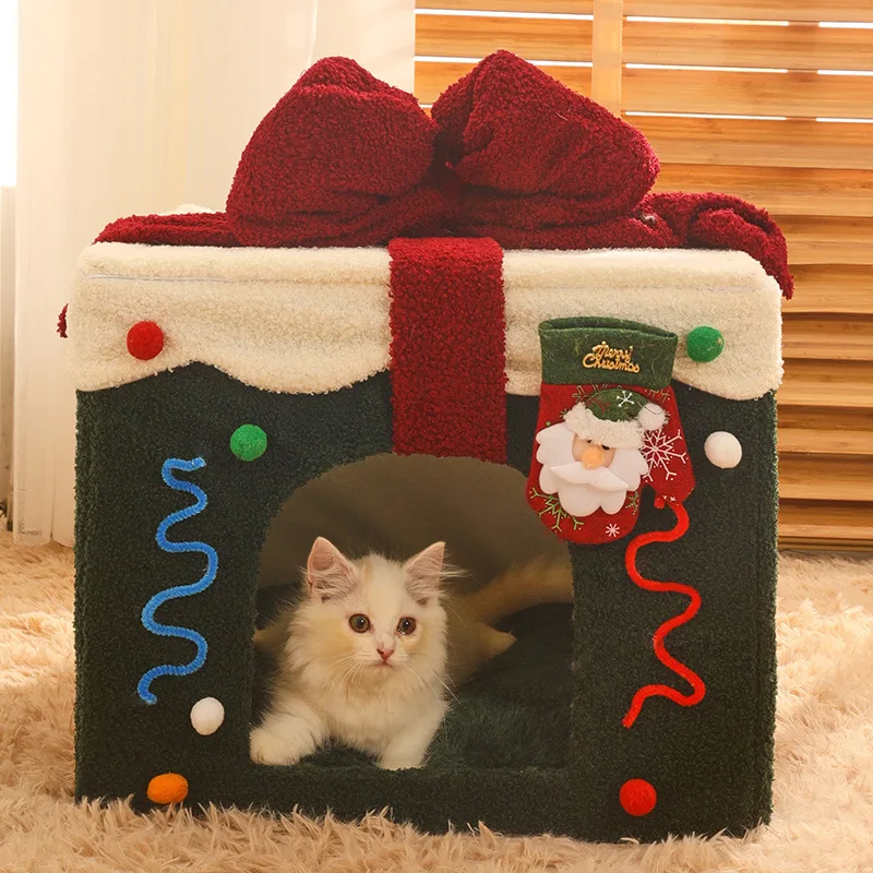 Foldable Christmas Pet House Detachable and Washable Cat House Puppy Cave Sofa Pet Bed House Suitable for Medium and Large Pets