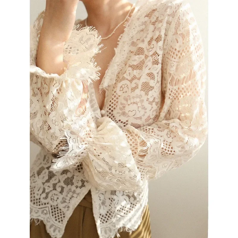 QWEEK Elagant Lace Transparent Blouse Women Youthful V Neck Long Sleeve Shirt Female Vintage Luxury 2024 Spring Aesthetic Korean