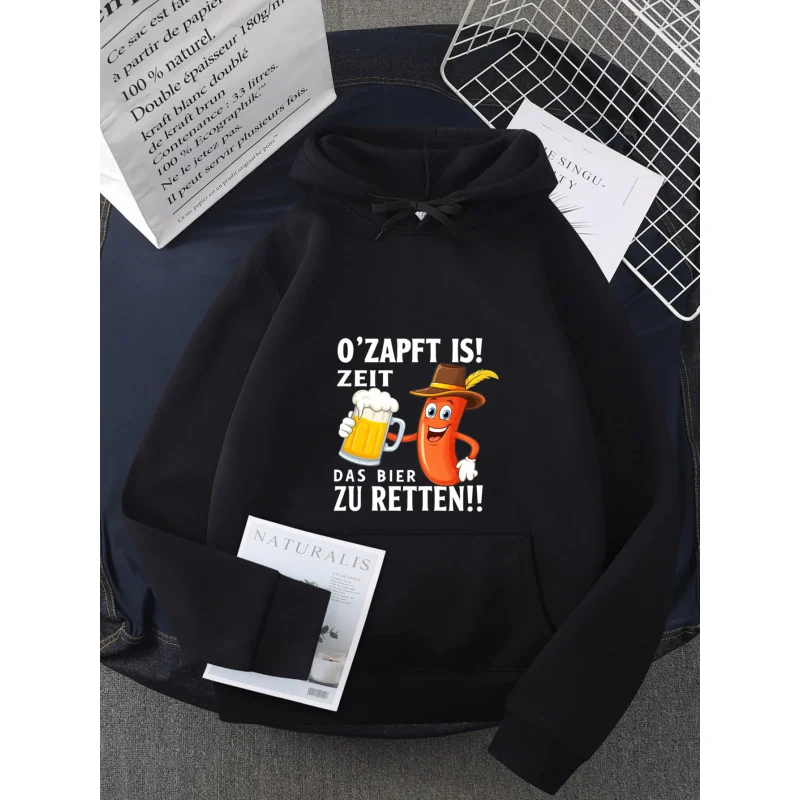Sudadera con capucha para hombre negra ¡O'Zapt es! Ahorro de tiempo por cerveza Impreso Cerveza Zanahoria Dibujos animados Algodón de alta calidad Ropa casual para hombres