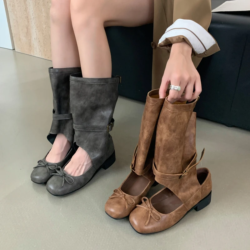 Grey Ankle Boots For Women Low Heels Summer Ballet Shoes Retro Bow Round Toe Belt Buckle High Heels Botas Mujer 2025