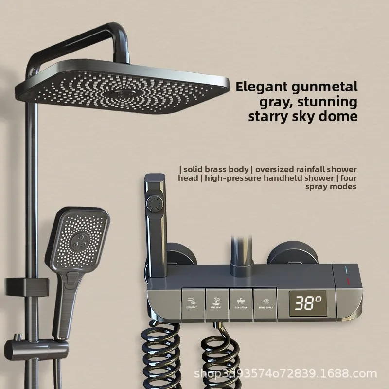Gun Metal Gray All Copper Shower System Thermostatic High Pressure Shower Head Home Bathroom Shower Head and Handle Sets