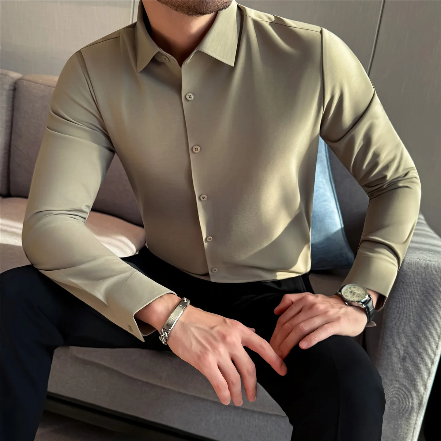 

Мужская рубашка из имитации льна и хлопка с плиссировкой, с длинным рукавом, весна-лето 2026, тонкая, бесшовная, повседневная, деловая, формальная