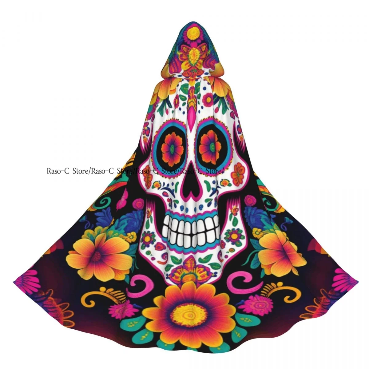 عباءة يوم الموتى على شكل جمجمة السكر المكسيكية للبالغين من الجنسين مع غطاء رأس طويل للساحرة #1