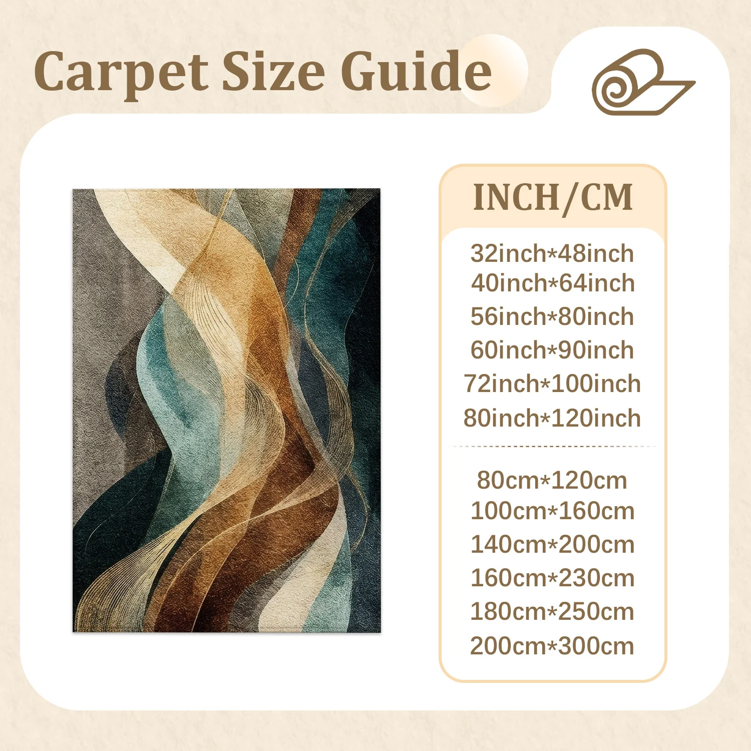 Large Indoor Area Rug, Soft Velvet Low Pile Rug with Non-Slip Dotted Backing, Machine Washable Abstract Wavy Earth Tone Teal Brown Beige Rug for Living Room, Bedroom, Entryway