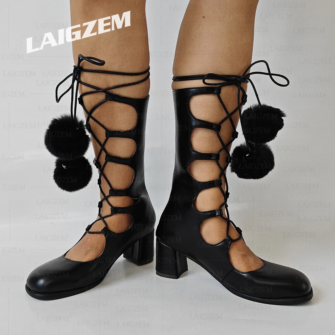 

LAIGZEM Женские туфли-лодочки с квадратным носком до середины икры, толстые сандалии на высоком каблуке сзади, женская обувь ручной работы, большие размеры 39, 42 44