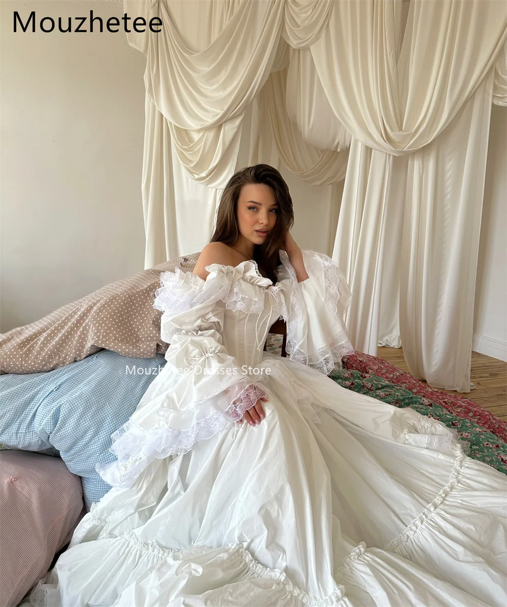 

Mouzhetee A-Line Off The Shoulder Lace Pleat Wedding Dresses Princess Long Sleeve Brides Gown Custom Made 2026