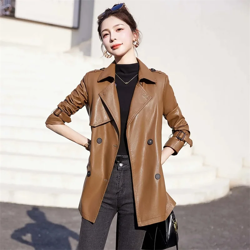 

Korean Femme Trend Leather Coat Spring Autumn Ladies Fashion Solid Color Faux Leather Jacket Women Long Sleeves PU Leather Tops