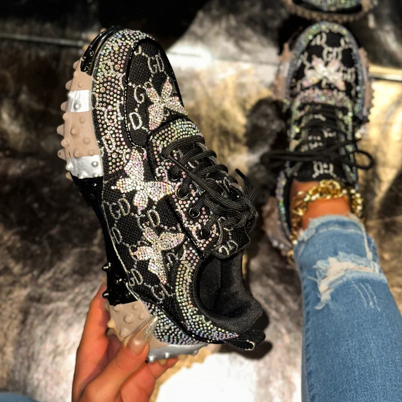 2026 Autumn Water Diamond Thick Bottom Shining Crystal Sports Shoes Luxury Designer Shoes Trendy Casual Shoes Zapatillas Mujer