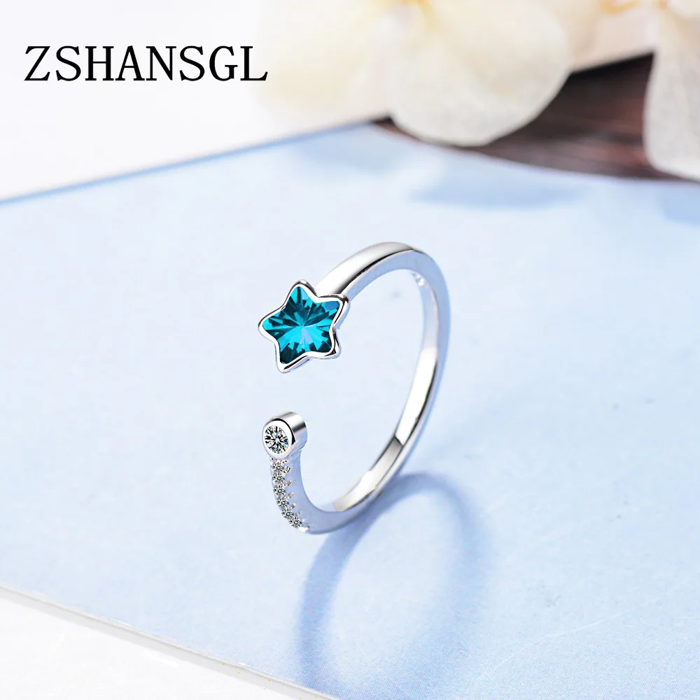 Simple Silver color Geometry Blue Five-pointed Star Rings For Women Girls Gift Opening Ring Sterling-silver-jewelry