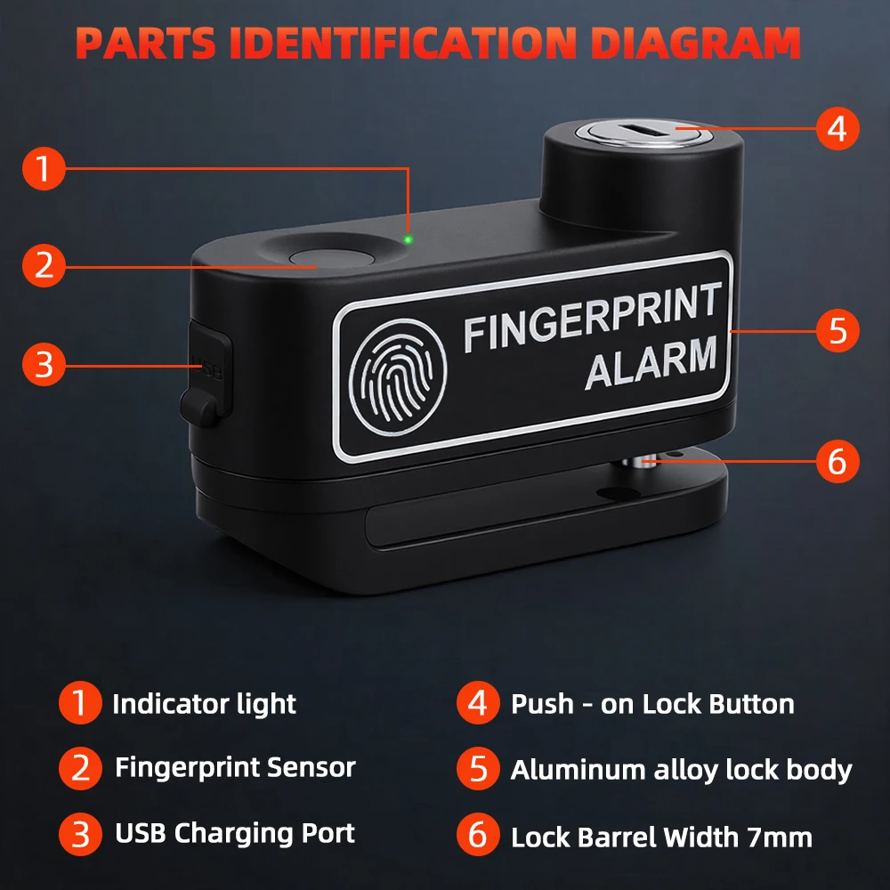 Disc Brake Lock 120dB Fingerprint Motocycle Alarm with Keys Anti-theft Lock Rechargeable Motorbike Accessories - view 5