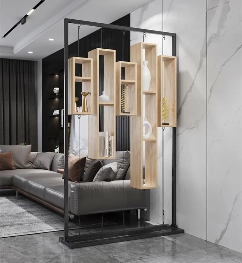 tt-Nordic Light Luxury Small Living Room Metal Wood Partition Simple Style Divider Creative Modern Floor Shelf Office Screen#