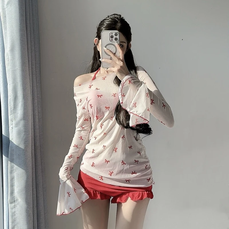 

2025 New 3 Pieces Swim Dress Set with Heart Buckle Pink/Blue Sweet Sexy Cute Bikini for Small Chest Hot Spring Swimsuit