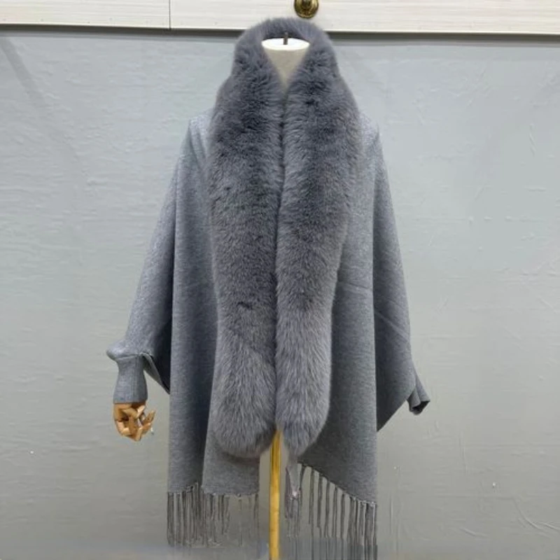 Abrigo de cuello de piel de zorro Real para mujer, chaqueta de invierno, Poncho de punto cálido, bufanda de borla de manga larga, cárdigan Vintage de gran tamaño