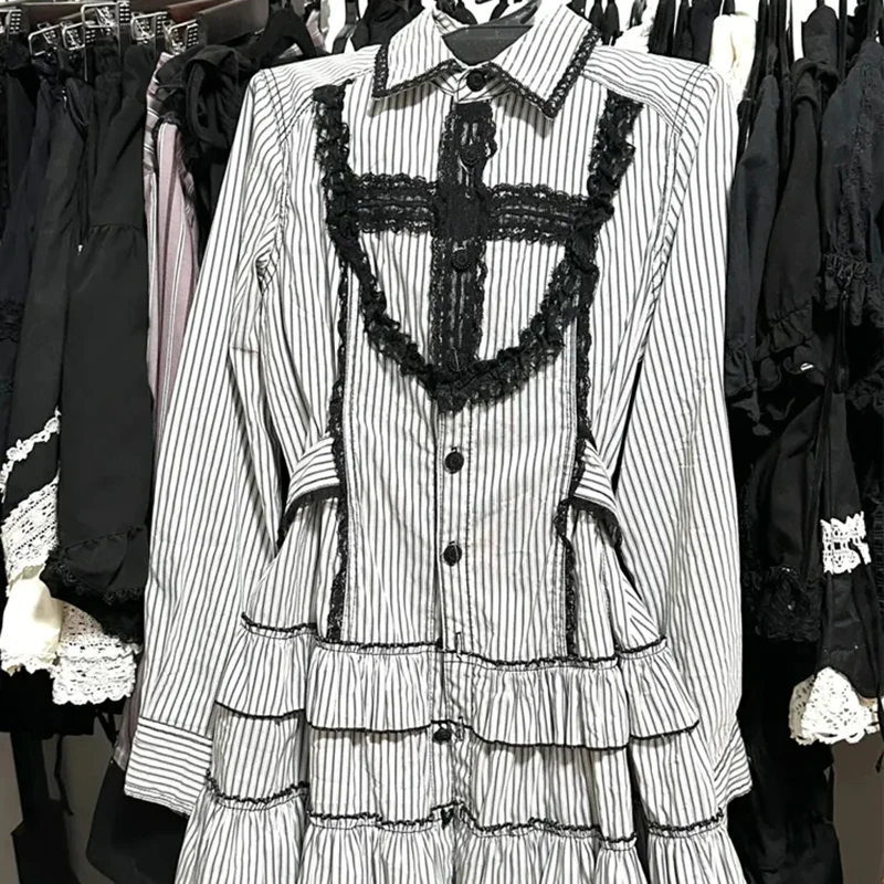 

Gothic Striped Dress Women Vintage Lace Patchwork Long Sleeve Dress Japanese Sweet Preppy Style Lace Up A Line Shirt Vestidos