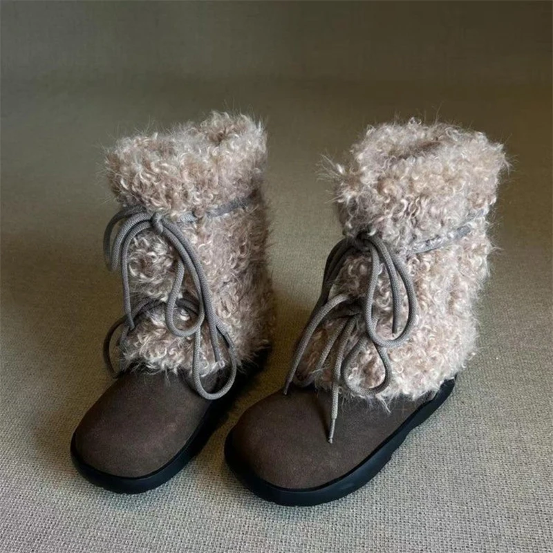 Fluffy Boots Fur Women Flats Warm Cotton Shoes Winter New Snow Boots 2025 Woman Trend Sport Walking Shoes Lace Up Mujer Botas