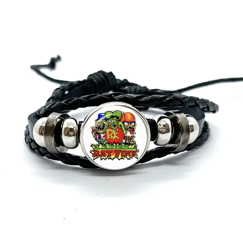 RAT FINK Mouse Fink Legend Leather Bracelets Glass Dome Snap Button Bracelet & Bangles Fashion Women Men Jewelry Gift