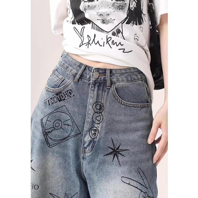 Graffiti Mid-length Denim Shorts Women Summer American Vintage Loose Straight Wide-leg Versatile Jeans Female