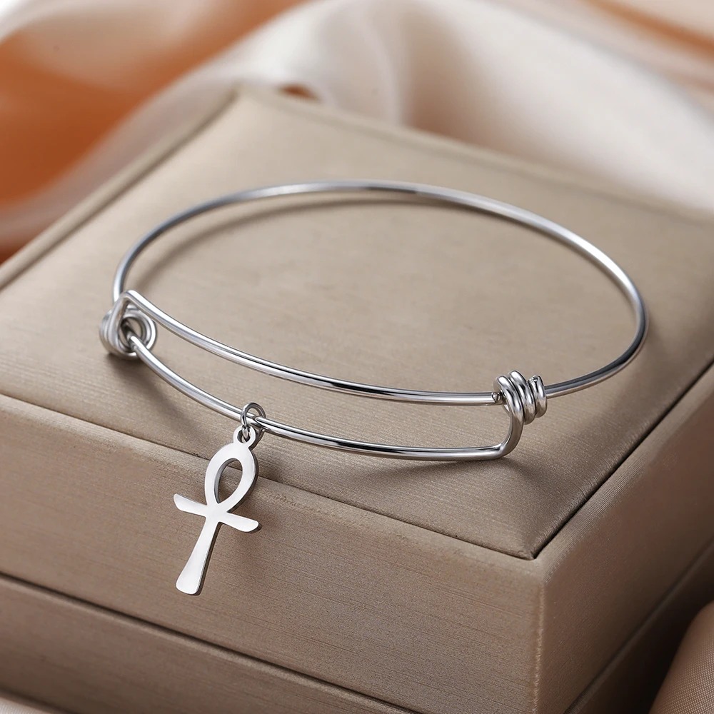 Dawapara Ankh Cross Eye of Horus Bangle Adjustable Ancient Egyptian Charm Protection Amulet Stainless Steel Jewelry - view 2