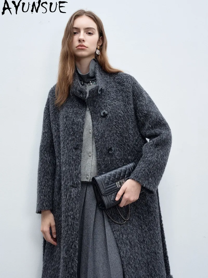 AYUNSUE Suri Alpaca Wool Coat Huacaya Alpaca Wool Womens Clotning Warm Winter Clothes Ladies Long Coats Ropa De Invierno Mujer