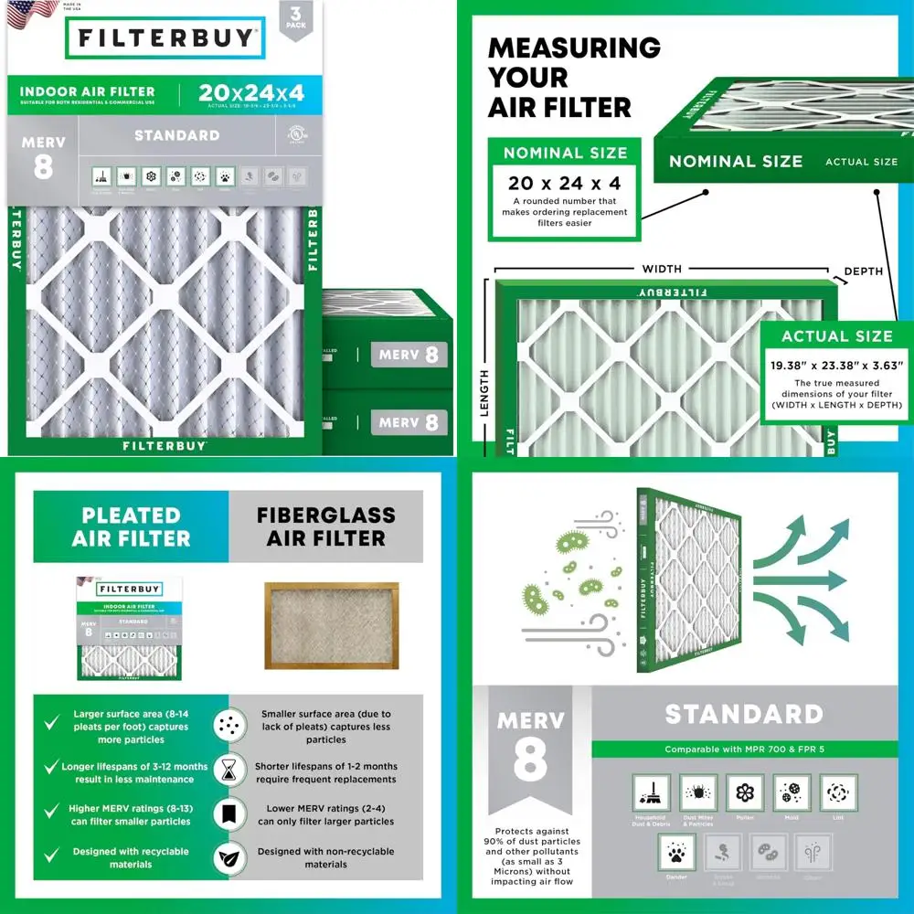 

Электростатические плиссированные воздушные фильтры MERV 8 (MPR 700) - 20x24x4 Замена печи переменного тока HVAC, защита от пыли, 3 шт. в упаковке