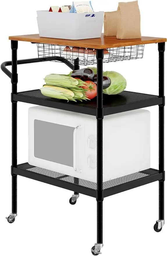 

Kitchen Cart on Wheels with Storage, Microwave Cart with Basket Drawer, 3-Tier Mobile Kitchen Island with Oak Wood Tablet