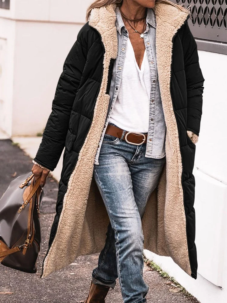 Oversized Plush Coat Women Autumn Winter Casual Hooded Long Jackets Female Warm Thick Double Sided Wear Fluffy Parkas Outerwear