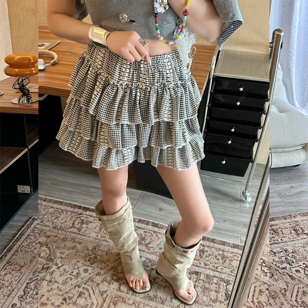 

Elastic Waist Lolita Cake Mini Plaid Skirts for Women Girls High Waist Pleated Skirt Y2K Layered Skirt