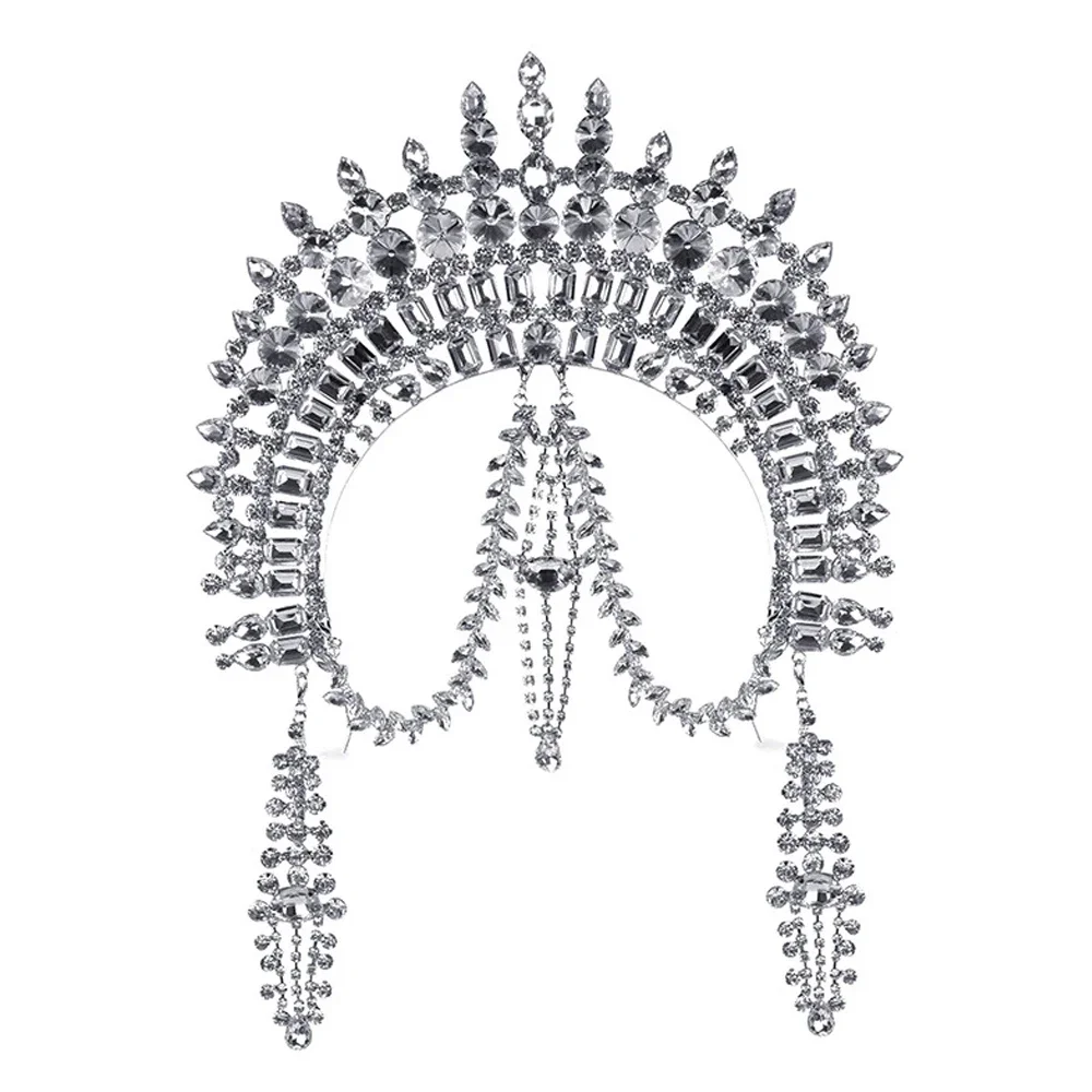 Carnival Exaggerated Tassel Crown Hairband Women Head Accessories 2026 Drag Queen Rhinestone Headpiece Chain Tiara Party Jewelry
