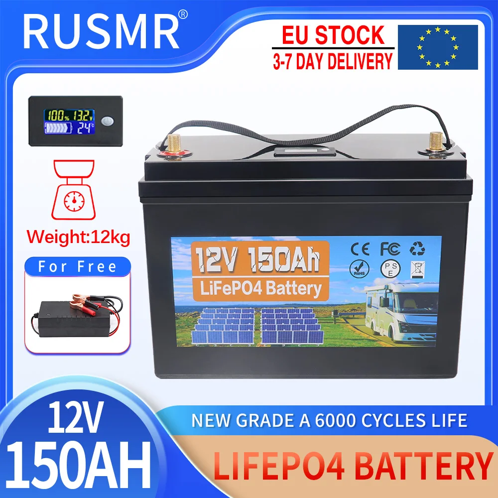 Batería LiFePo4 de 12V, 150AH, 120AH, 100AH, célula de fosfato de hierro y litio BMS integrada, ciclo 8000 para RV, Camper, carrito de Golf, libre de impuestos solares