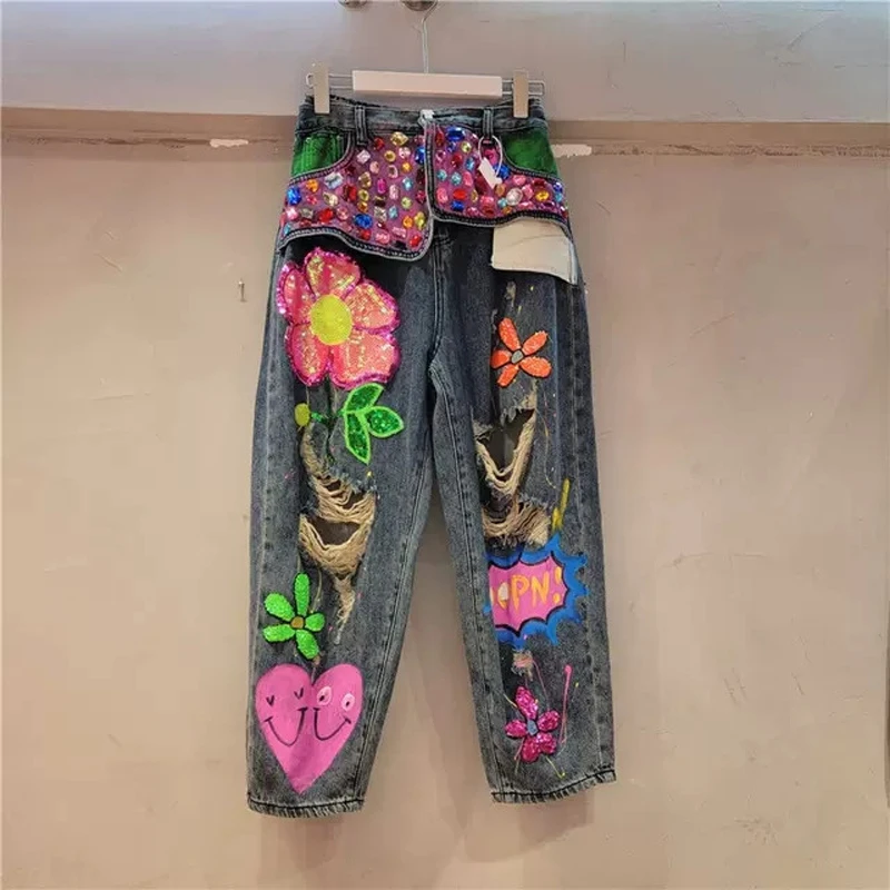 Fashion Rhinestone Washed Ripped Graphic Jeans Street Style Women's Denim Pants High Waisted Beaded Sequin Straight-Leg Jean