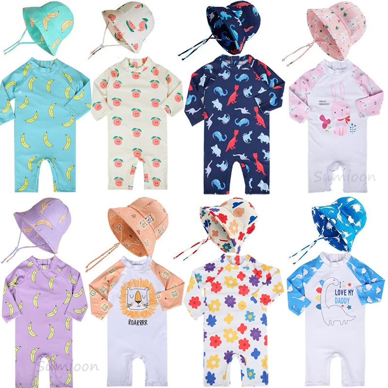 Pakaian Renang Bayi Perempuan Balita Baju Renang Motif Kelinci Baju Renang Pelindung Ruam Lengan Panjang Bayi dan Topi Matahari Pakaian Pantai Anak