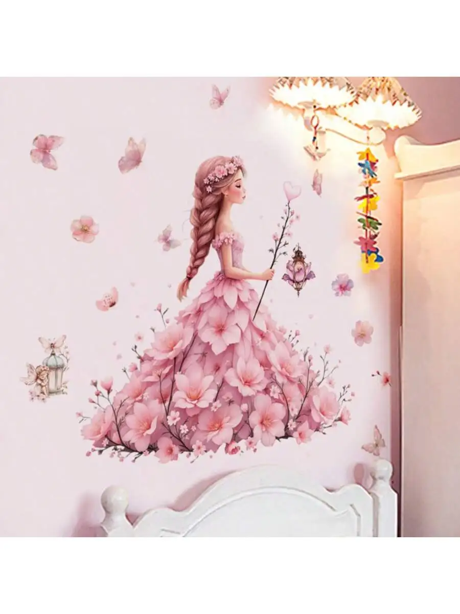 Pink Floral Skirt Princess Butterfly Wall Stickers for Girls Bedroom Decor Fairy Wall Decals Colorful Butterfly Room Decor for G