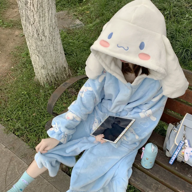 

Cinnamoroll Facecloth Hooded Robe Women's Long Section of Home Wear Autumn and Winter Models Warm Comfortable Bathrobe Pajamas