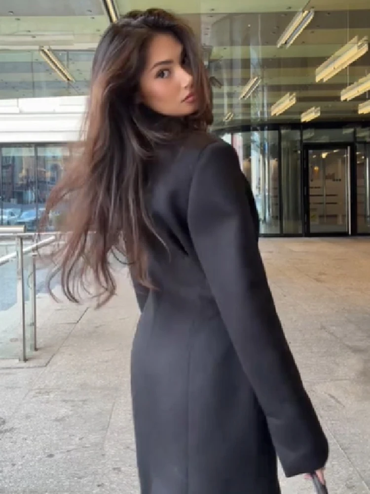 Damen-Maxi-Mantel aus Wollmischung, Sanduhr-Schnitt, Stehkragen, tailliert, schmal geschnitten, warm, elegant, lässig, Streetwear, Damen-Oberbekleidung – Detail 2
