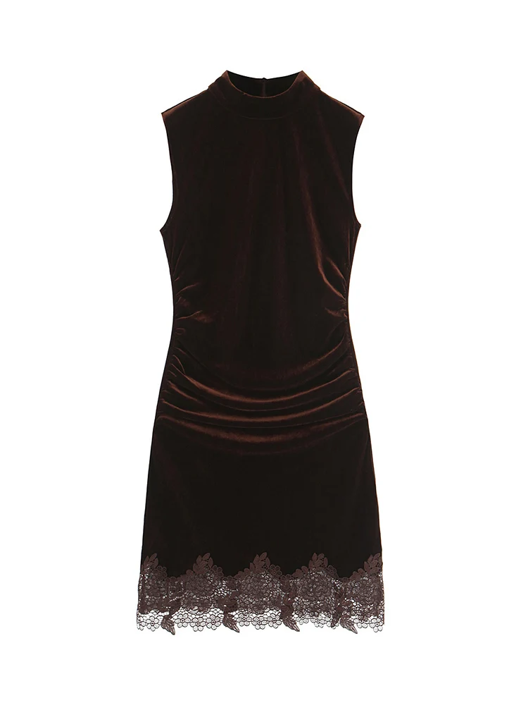 فستان نسائي مخملي قصير مزين بالدانتيل بدون أكمام من الدانتيل فستان كاجوال للحفلات المسائية أنيق بنصف ياقة عالية