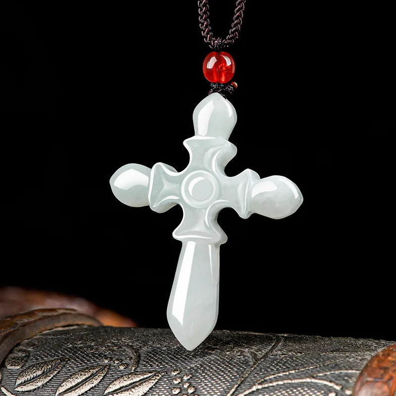 Natural Myanmar A Jadeite Waxy Light Green Cross Jade Pendant Men's Women's Charms Jewelry Wholesale Drop Shipping