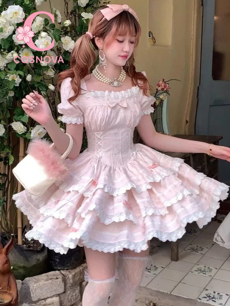 

Cute Core Kawaii Lovely Bow Lace Dress Women Sweet Puff Sleeve Slim Pink Cake Dresses Female Pretty Fairy Princess Dress New