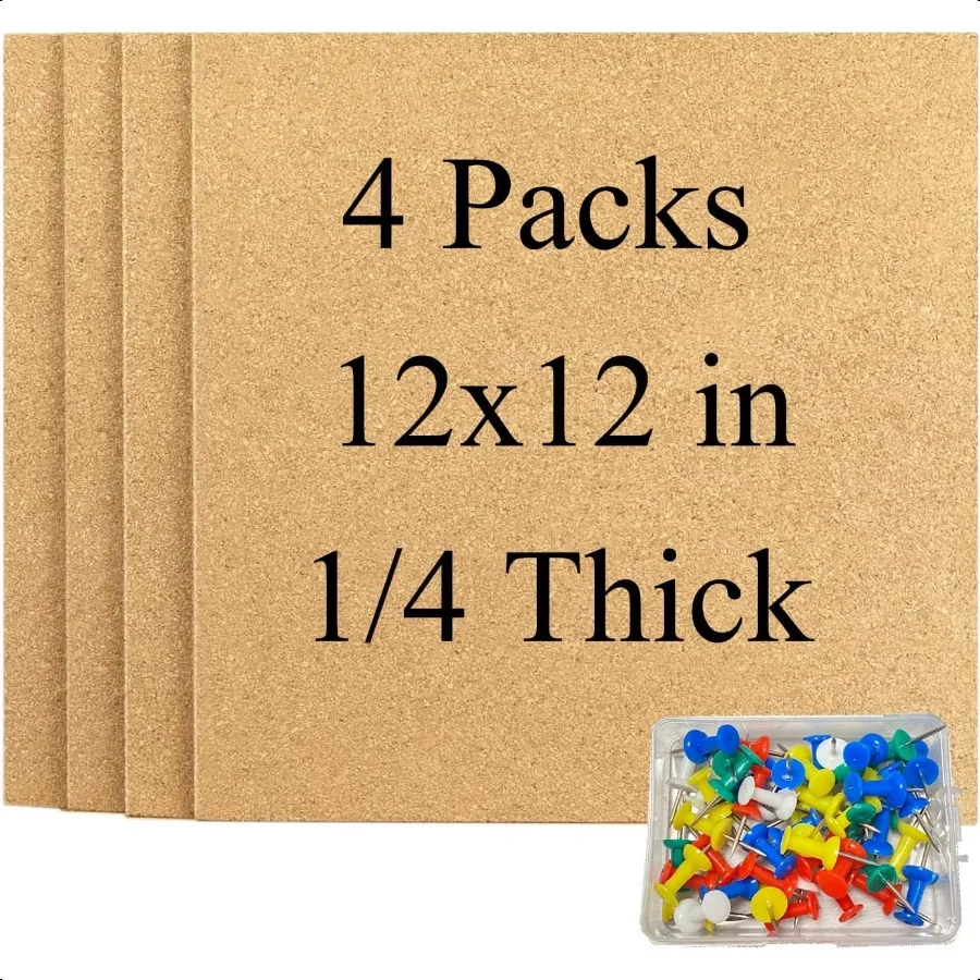 لوحة الفلين المربعة للجدران 4 عبوات 12 بوصة × 12 بوصة 1 4 بوصة لوحة إعلانات الفلين السميكة ذاتية اللصق بلاط لوحة الفلين مع 50 دبابيس ضغط لـ #1