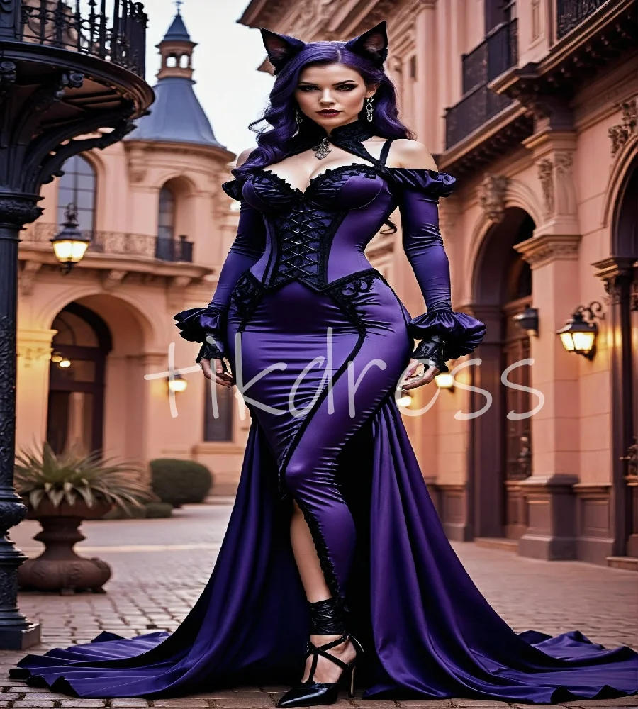 

Викторианское темно-фиолетовое черное готическое свадебное платье 2025, атласный костюм русалки с длинными рукавами на Хэллоуин, платье невесты, кладбище, по индивидуальному заказу