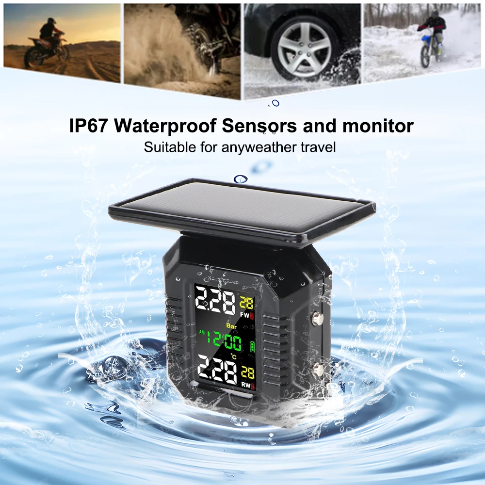 Motorcycle Tyre Pressure Monitor Intelligent M10 Temperature Warning Fuel Save Solar TPMS With Clock 2 External Sensors