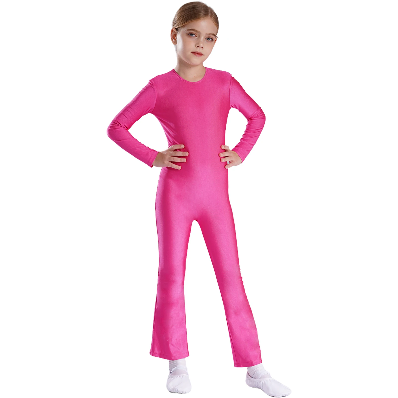 Kids Girls Long Sleeve Full Bodysuit with Bell-Bottoms Gymnastic Leotard Ballet Dance Unitard Jumpsuit Activewear