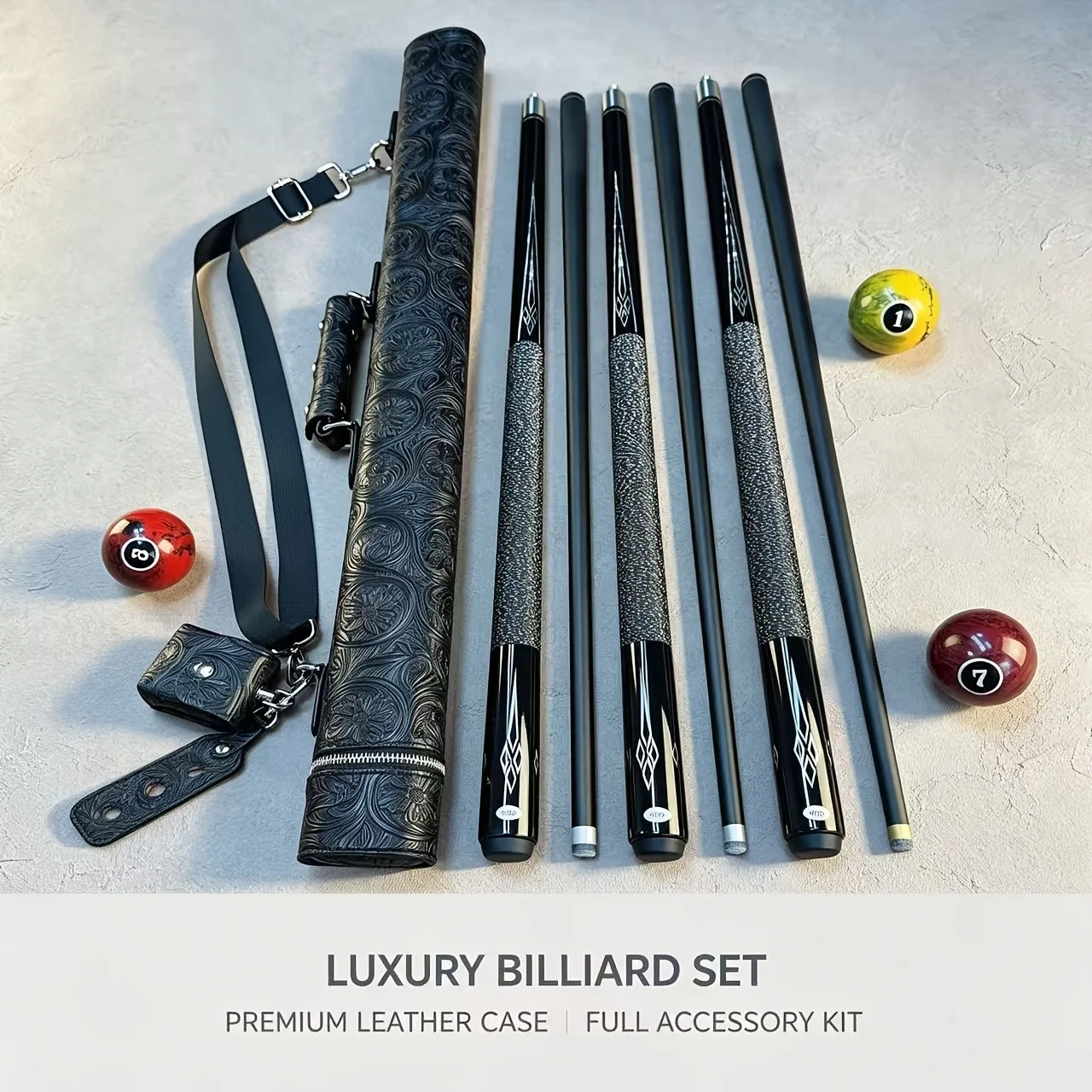 Black Carbon Pool Cue, Finely Wrapped Non-Slip Grip, 57.28In, 19Oz. Optional Black Cue Case Kit. Tips:10Mm,11.5Mm,13Mm
