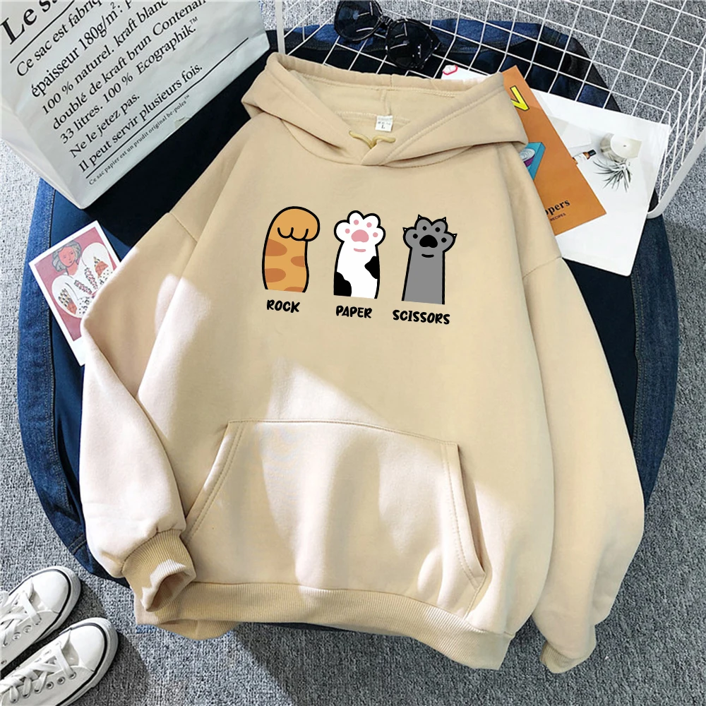 Rock Paper Scissors Cute Cat Claws Prints Men Hoodie Loose Soft Pocket Sweatshirt Winter Fleece Warm Pullover Man Female Clothes