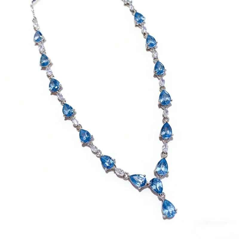 

4x6mm Pear Cut Natural Swiss Blue Topaz Tennis Drop Pendant Necklace S925 Sterling Silver