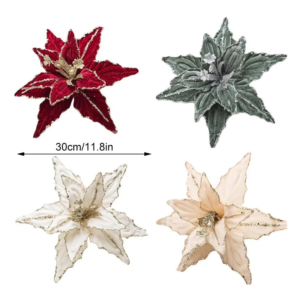 Velvet Christmas Tree Flowers, Vermelho e Dourado, Decoração Veludo, Grinaldas, Lantejoulas, Tecido, 26cm