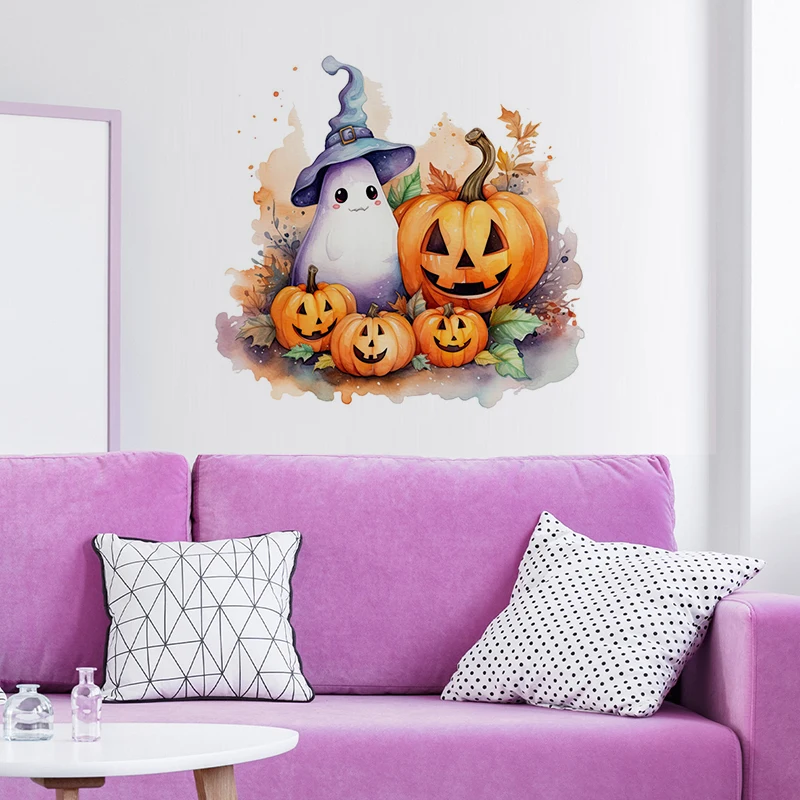 C220# Halloween Pumpkin & Ghost Wall Sticker Bathroom Toilet Decor Living Room Cabinet Refrigerator Home Decoration Decals