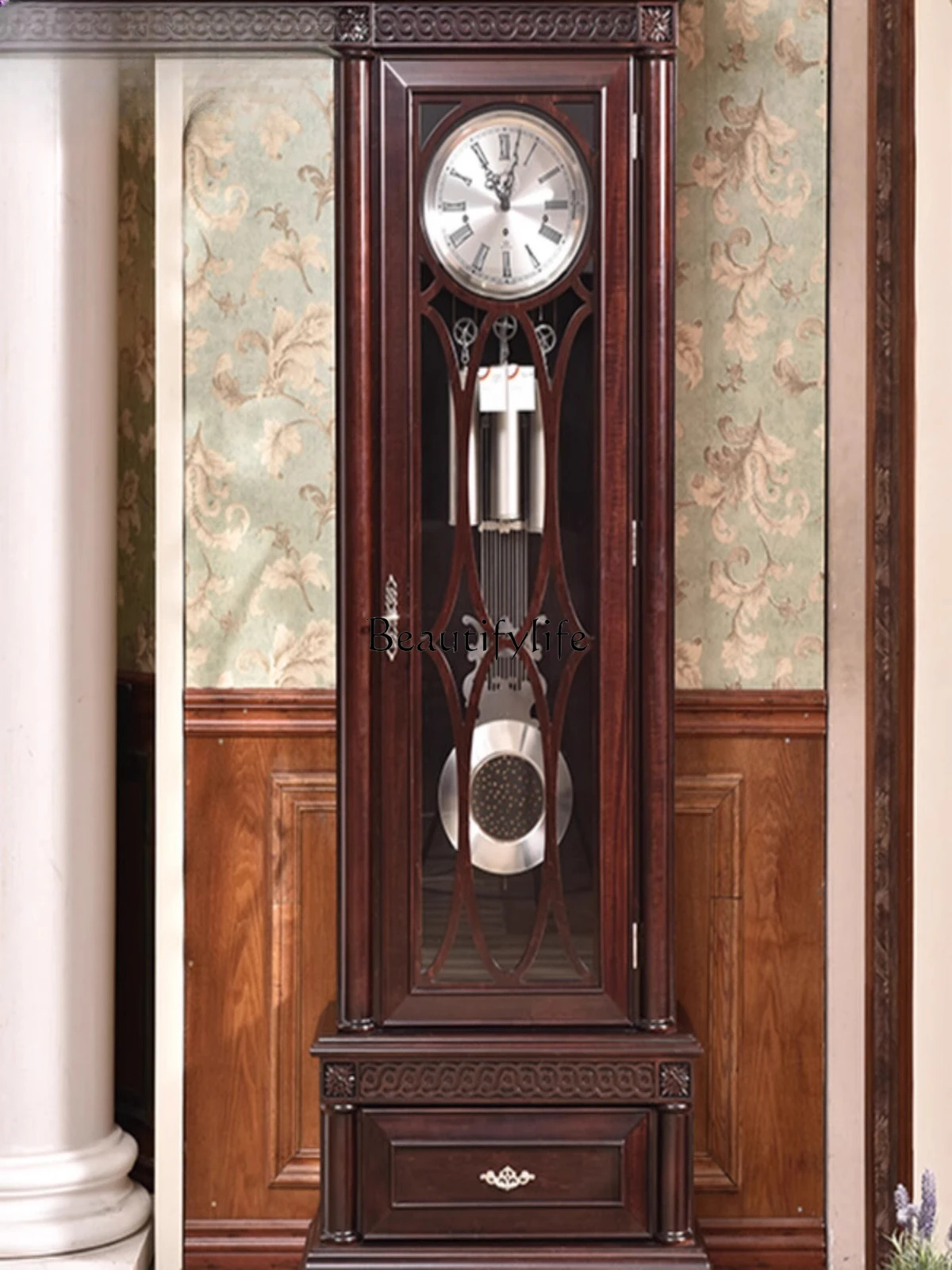 

German Helmler mechanical standing clock solid wood floor living room European pendulum new Chinese retro clock 5036