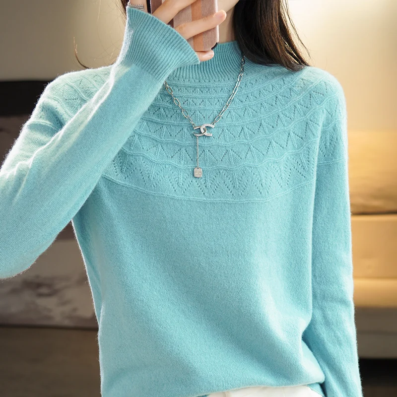 Women's Soft And Comfortable New First Line Ready-To-Wear Half Turtleneck Long Sleeves Chic Hollow Sweater 100% Wool Pullover